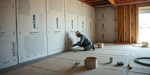 A person is kneeling on the floor of an unfinished room, working on the drywall. Various tools, buckets, and materials are scattered around. The room has exposed wooden beams and unfinished walls with insulation visible.