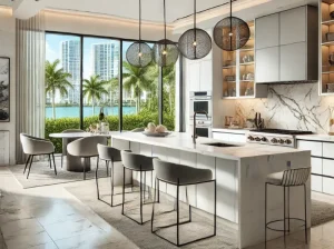 Modern kitchen with a large marble island, barstools, pendant lights, and a dining table with chairs. Floor-to-ceiling windows offer a view of palm trees and two high-rise buildings. Neutral tones and sleek designs create an elegant atmosphere.