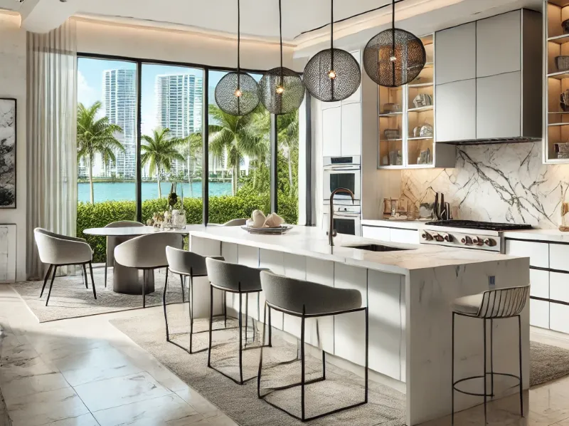 Modern kitchen with a large marble island, barstools, pendant lights, and a dining table with chairs. Floor-to-ceiling windows offer a view of palm trees and two high-rise buildings. Neutral tones and sleek designs create an elegant atmosphere.