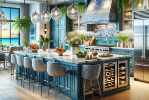 Luxurious kitchen with a large marble island, blue cabinetry, and wicker barstools. A wine cooler and fruit bowls adorn the island. Glass globe pendant lights hang above. Ocean view visible through large windows, accented by palm plants.